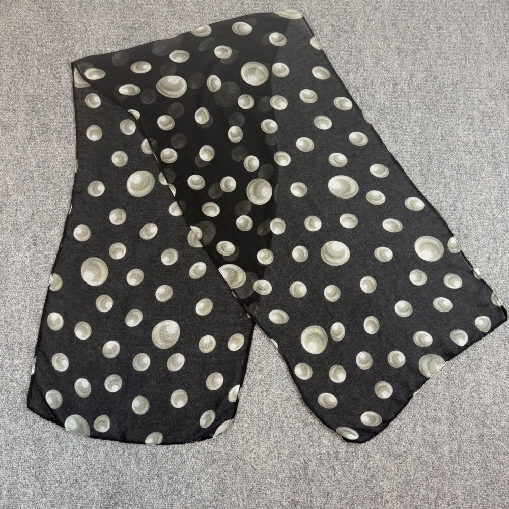 Vintage Black Polka Dot Viscose Scarf Lightweight Sheer Grey Bubble Print Wrap